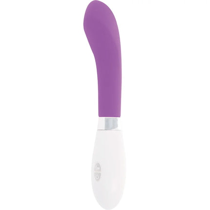 Glossy john vibrator lila ist ein lila weißer silikongriff vibrierender stab mit elegantem gebogenem design