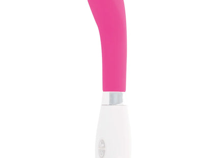 Ein glänzender john vibrator rosa aus silikon mit glattem, gebogenem griff in pink und weiß