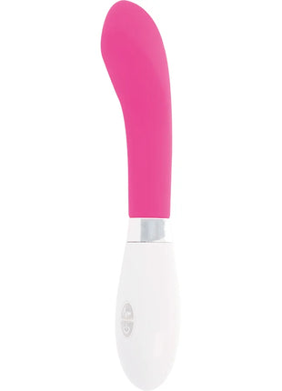 Ein glänzender john vibrator rosa aus silikon mit glattem, gebogenem griff in pink und weiß