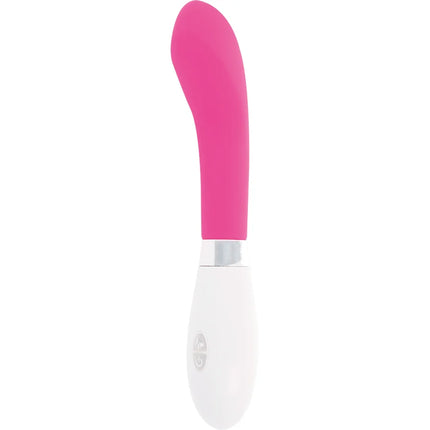 Ein glänzender john vibrator rosa aus silikon mit glattem, gebogenem griff in pink und weiß