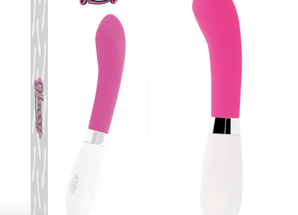 Glänzender john vibrator rosa mit pink weißem, geschwungenem design aus hochwertigem material