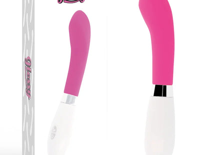 Glänzender john vibrator rosa mit pink weißem, geschwungenem design aus hochwertigem material