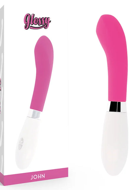 Glänzender john vibrator rosa mit pink weißem, geschwungenem design aus hochwertigem material