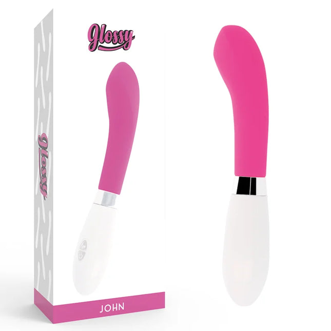 Glänzender john vibrator rosa mit pink weißem, geschwungenem design aus hochwertigem material