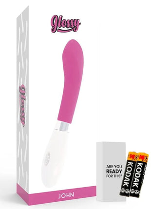 Glänzender john vibrator rosa in pink und weiß mit ergonomischem design aus glänzendem material für persönlichen genuss