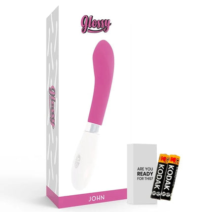 Glänzender john vibrator rosa in pink und weiß mit ergonomischem design aus glänzendem material für persönlichen genuss