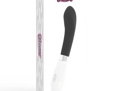 Glossy john vibrator schwarz mit glattem silikonkopf, schwarzem und weißem design und metallischem akzent
