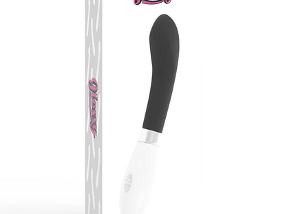 Glossy john vibrator schwarz mit glattem silikonkopf, schwarzem und weißem design und metallischem akzent