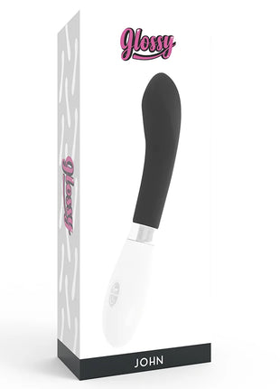 Glossy john vibrator schwarz mit glattem silikonkopf, schwarzem und weißem design und metallischem akzent