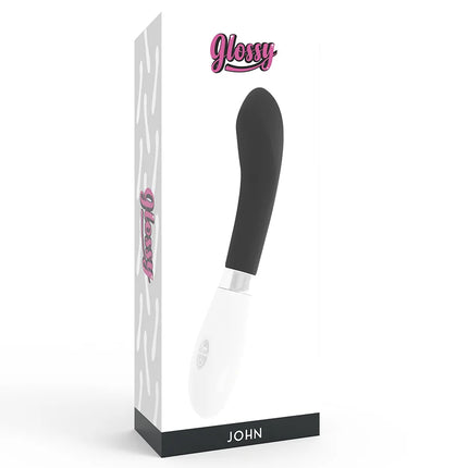 Glossy john vibrator schwarz mit glattem silikonkopf, schwarzem und weißem design und metallischem akzent