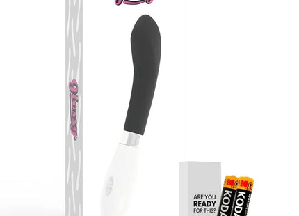 Glänzender schwarz-weißer john vibrator mit ergonomischem design und glatter oberfläche für komfortable nutzung