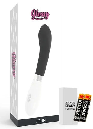 Glänzender schwarz-weißer john vibrator mit ergonomischem design und glatter oberfläche für komfortable nutzung