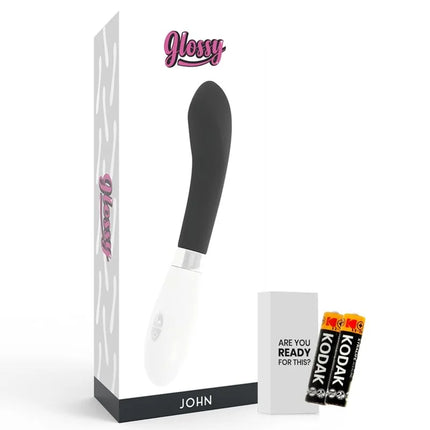Glänzender schwarz-weißer john vibrator mit ergonomischem design und glatter oberfläche für komfortable nutzung