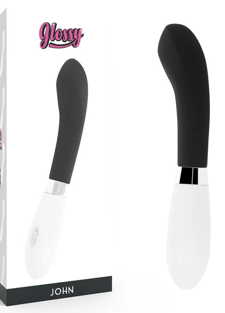 Glänzender schwarz weißer john vibrator mit ergonomischem design und hochwertiger glatter oberfläche