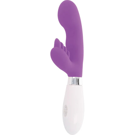 Glossy kaninchen elvis lila violetter silikon vibrator in hasenform mit weißem ergonomischem griff und silbernem akzent