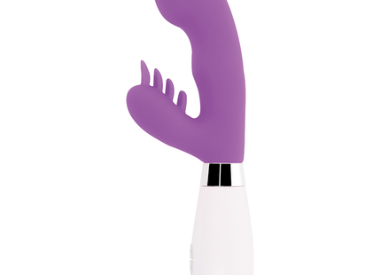 Violetter silikon vibrator in hasenform mit weißem griff und silbernem akzentband glossy kaninchen elvis lila