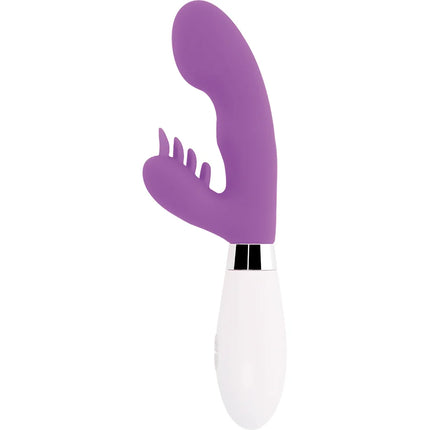 Violetter silikon vibrator in hasenform mit weißem griff und silbernem akzentband glossy kaninchen elvis lila