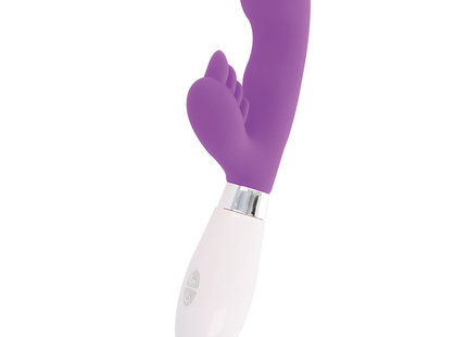 Glänzender kaninchen elvis lila silikon vibrato in lila und weiß mit geschwungenem, fingerähnlichem design