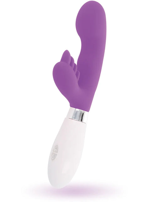 Glänzender kaninchen elvis lila silikon vibrato in lila und weiß mit geschwungenem, fingerähnlichem design