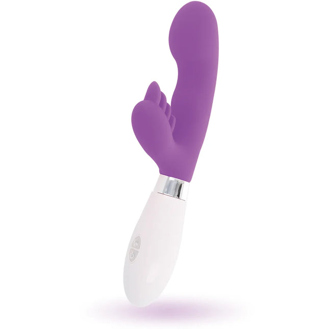 Glänzender kaninchen elvis lila silikon vibrato in lila und weiß mit geschwungenem, fingerähnlichem design