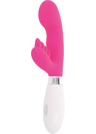 Glossy kaninchen elvis rosa pink silikon vibrator mit weißem griff und silbernem metallakzent