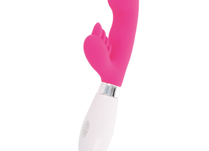 Glänzender kaninchen elvis rosa silikon vibrato in pink und weiß mit geschwungener fußförmiger form