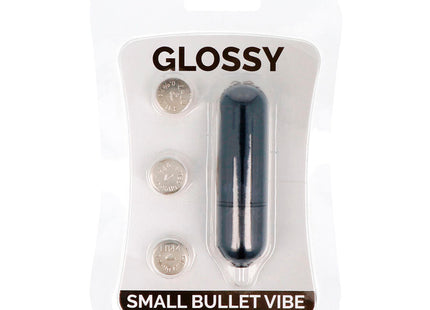 Glossy kleine bullet vibe schwarz mit drei silbernen batterien im paket für diskrete anwendung