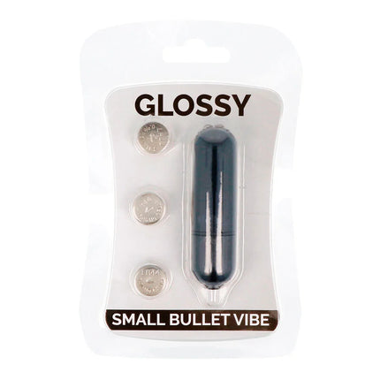Glossy kleine bullet vibe schwarz mit drei silbernen batterien im paket für diskrete anwendung