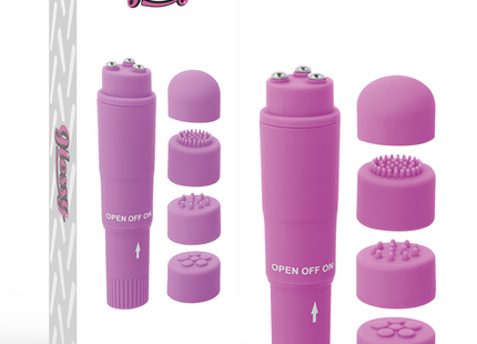 Lila glossy kurt pocket massager mit austauschbaren silikonköpfen aus glänzendem material für persönliche massage