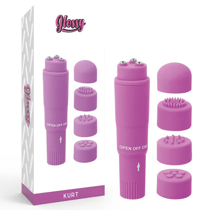 Lila glossy kurt pocket massager mit austauschbaren silikonköpfen aus glänzendem material für persönliche massage