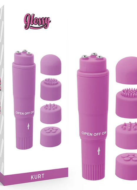 Lila glossy kurt pocket massager mit austauschbaren silikonköpfen aus glänzendem material für persönliche massage