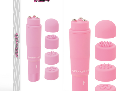 Glänzender rosa kurt taschenmassager mit austauschbaren silikonaufsätzen für individuelle massage