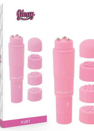 Glänzender rosa kurt taschenmassager mit austauschbaren silikonaufsätzen für individuelle massage