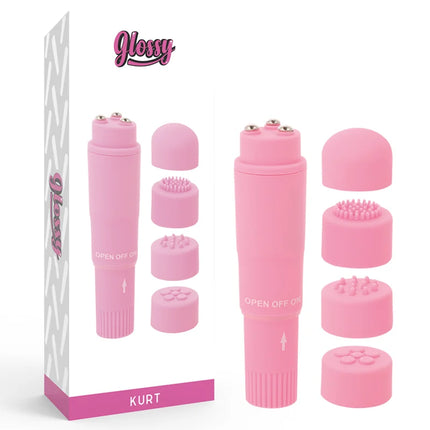 Glänzender rosa kurt taschenmassager mit austauschbaren silikonaufsätzen für individuelle massage