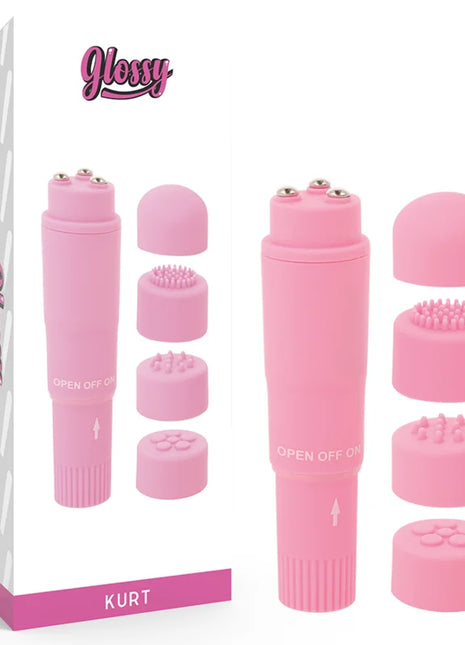 Glänzender rosa kurt taschenmassager mit austauschbaren silikonaufsätzen für individuelle massage