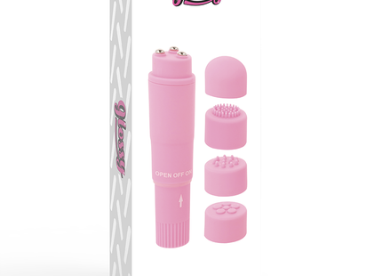 Glänzender rosa kurt taschenmassager mit wechselbaren silikonaufsätzen für persönliche massage