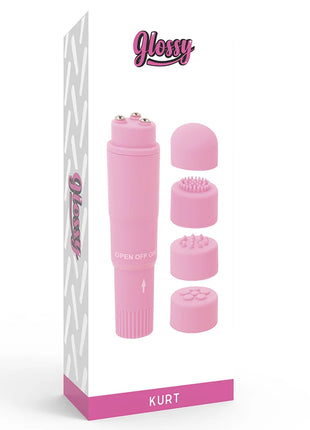 Glänzender rosa kurt taschenmassager mit wechselbaren silikonaufsätzen für persönliche massage