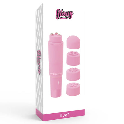 Glänzender rosa kurt taschenmassager mit wechselbaren silikonaufsätzen für persönliche massage
