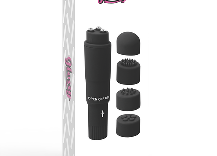 Glänzender schwarzer kurt taschenmassager mit austauschbaren silikonaufsätzen für individuelle anwendung