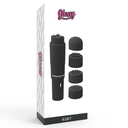 Glänzender schwarzer kurt taschenmassager mit austauschbaren silikonaufsätzen für individuelle anwendung