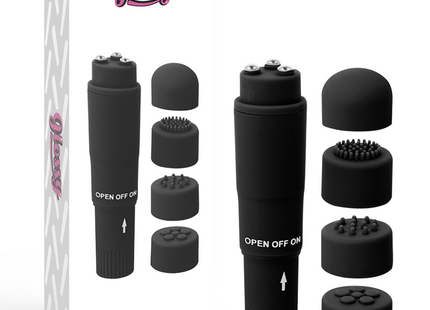 Schwarzer glossy kurt taschenmassager aus glänzendem material mit austauschbaren silikonaufsätzen für persönliche massage