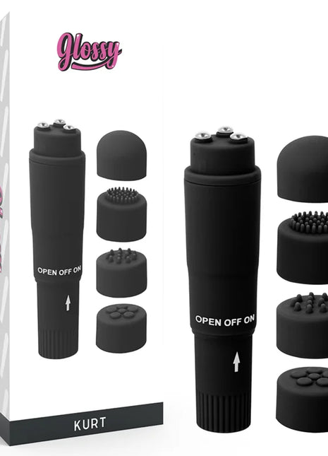 Schwarzer glossy kurt taschenmassager aus glänzendem material mit austauschbaren silikonaufsätzen für persönliche massage