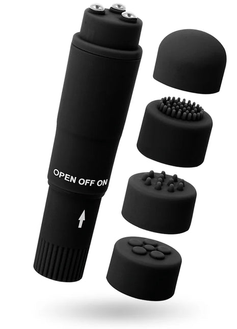 Glossy kurt taschenmassager schwarz aus silikon mit austauschbaren köpfen für vielseitige massage