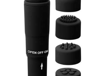 Schwarzer glossy kurt taschenmassager mit austauschbaren köpfen und offen off on schalter für gezielte massage