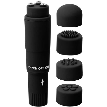 Schwarzer glossy kurt taschenmassager mit austauschbaren köpfen und offen off on schalter für gezielte massage
