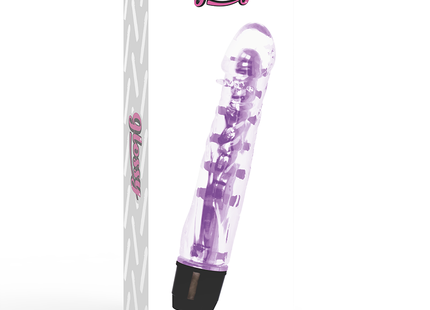 Glänzender lenni vibrator lila transparent mit schwarzen elementen und drehenden komponenten innen sichtbar
