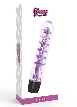 Glänzender lenni vibrator lila transparent mit schwarzen elementen und drehenden komponenten innen sichtbar