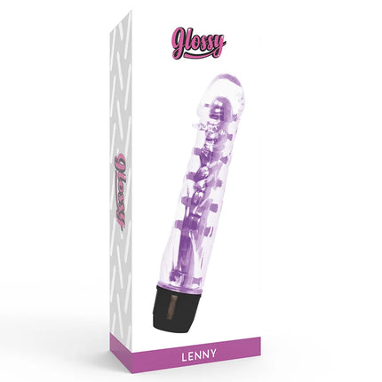 Glänzender lenni vibrator lila transparent mit schwarzen elementen und drehenden komponenten innen sichtbar