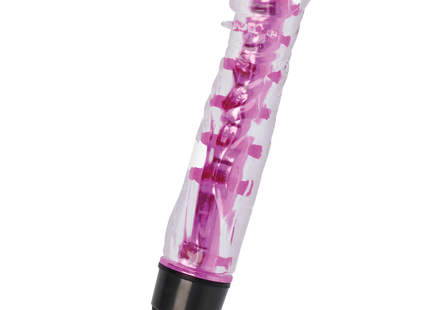 Transparent rosa und schwarze glossylenny vibrator mit sichtbaren mechanischen komponenten im innenbereich