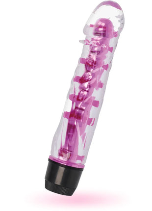Transparent rosa und schwarze glossylenny vibrator mit sichtbaren mechanischen komponenten im innenbereich